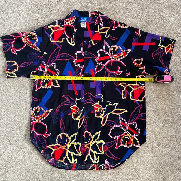 Vintage 1980s OP Ocean Pacific Hawaiian Shirt Neon Tropical Floral Size L - Picture 7 of 8